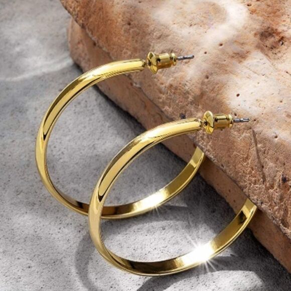 Large Wide Gold Hoop Earrings - Picture 1 of 6